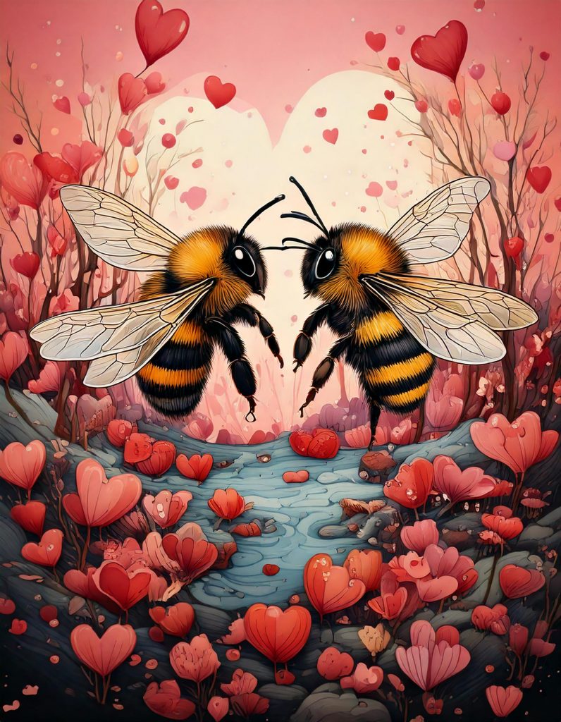 Valentines day card design with two bees against a background of hearts