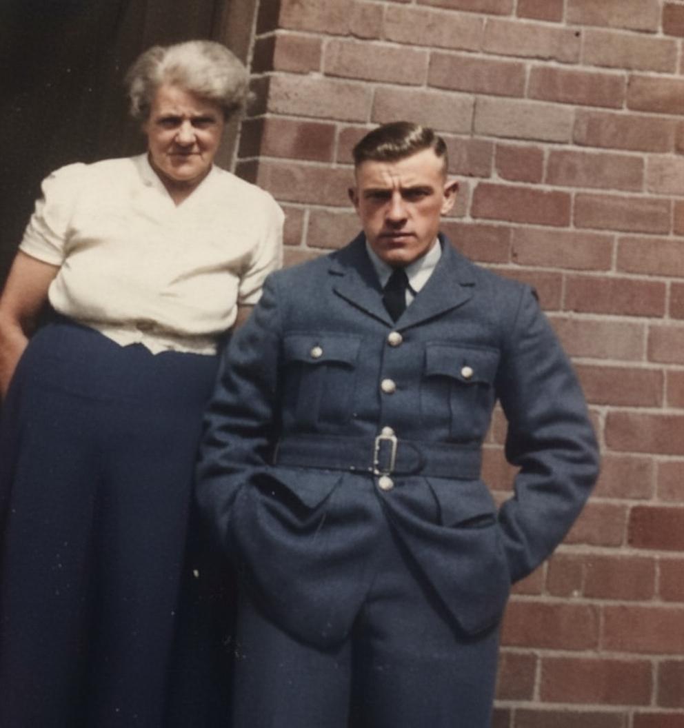 Vintage photograph of RAF serviceman Joseph Turner and his mother with colour restoration